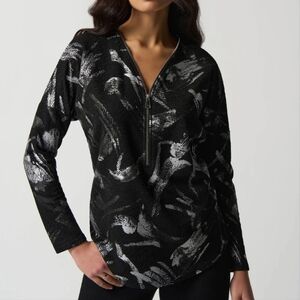 Joseph Ribkoff Abstract Black and Silver Patterned Zip Top Sz. 10